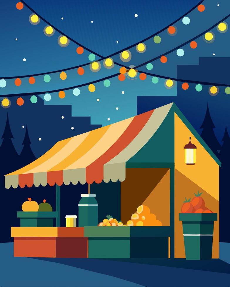 The markets bright and cheerful atmosphere is matched only by the warm glow from the solarpowered string lights overhead providing a cozy ambiance for shoppers.. illustration. vector