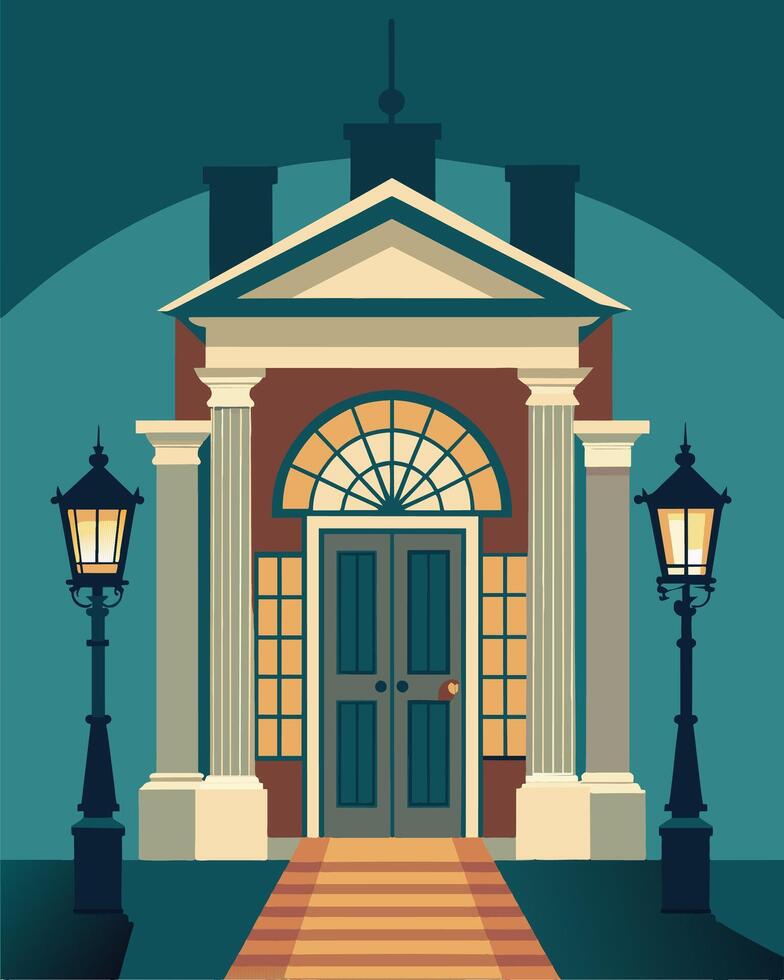 The grand entrance of a historic mansion adorned with discreet solar sconces evoking a bygone era.. illustration. vector