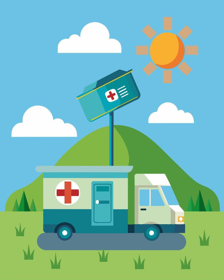 The mobile medical clinic traveled through remote regions offering essential healthcare services powered by solar panels attached to the cargo containers.. illustration. vector