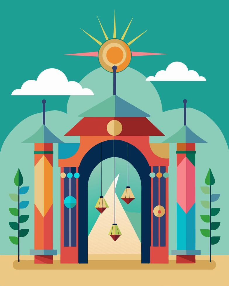 The main entrance to a music festival is decorated with a large vibrant solarpowered wind chime welcoming attendees with a serene yet lively atmosphere.. illustration. vector