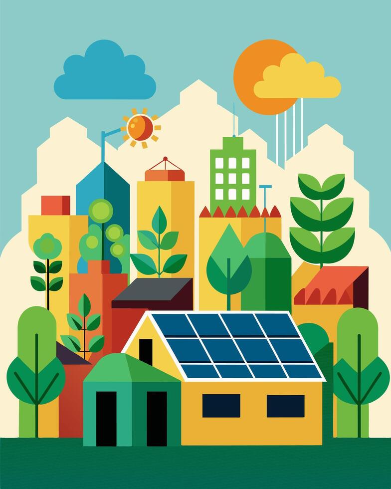 The rooftop farms solar panels not only power the farm but they also generate excess energy that is sold back to the grid promoting sustainability in the city.. illustration. vector