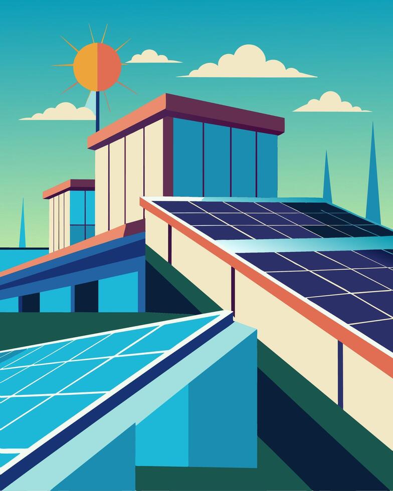 The clean lines of a solar array on a commercial buildings rooftop add a modern aesthetic to its surroundings.. illustration. vector