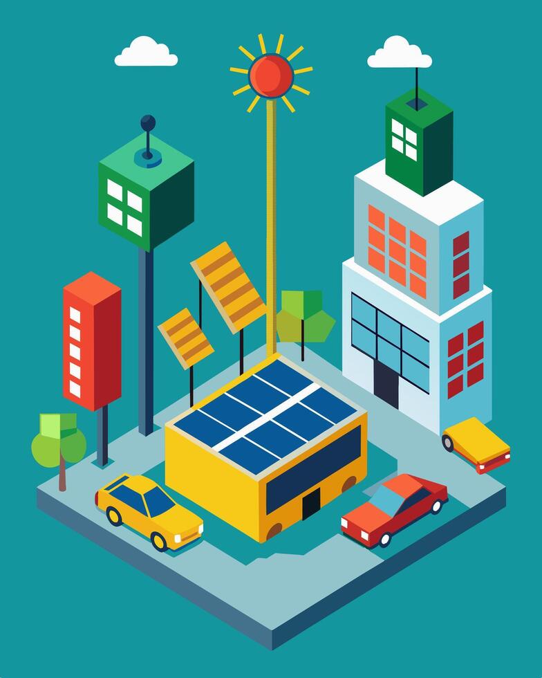 The citys traffic management center is equipped with solar panels and batteries ensuring uninterrupted energy supply for critical monitoring tasks.. illustration. vector