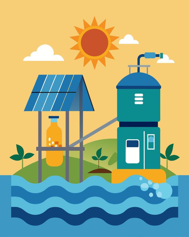Solarpowered desalination systems are utilized in coastal areas affected by tsunamis providing muchneeded freshwater for drinking and hygiene purposes.. illustration. vector