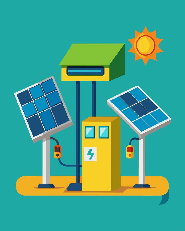 The charging station is equipped with multiple solar panels strategically p to capture the most sunlight and efficiently power up electric vehicles.. illustration. vector