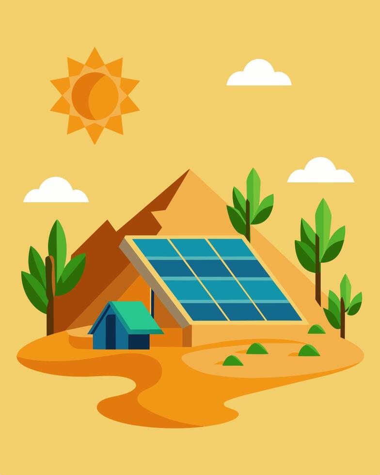 The desert was transformed into a green oasis thanks to the acres of solar panels that generated clean energy while also shading the sand.. illustration. vector