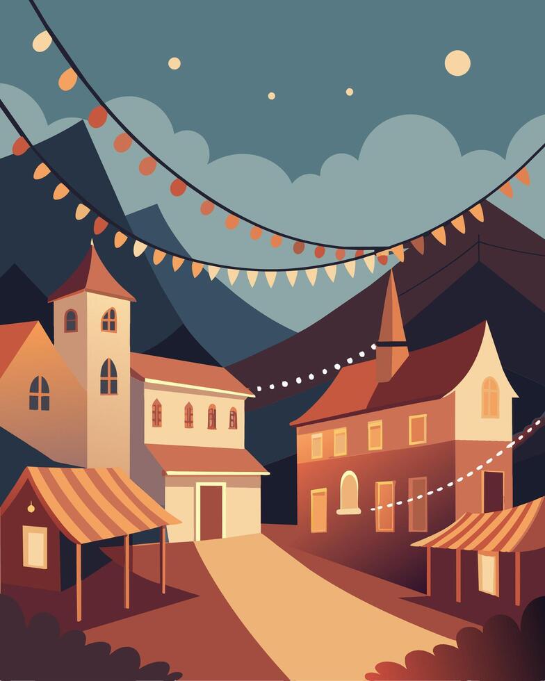 Soft warm solar fairy lights ling around a quaint village square lined with historic buildings.. illustration. vector