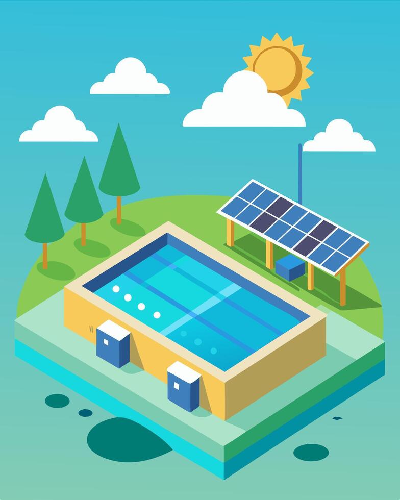 With minimal maintenance and operating costs a solarpowered swimming pool is not only a wise investment but also a responsible choice for the environment.. illustration. vector