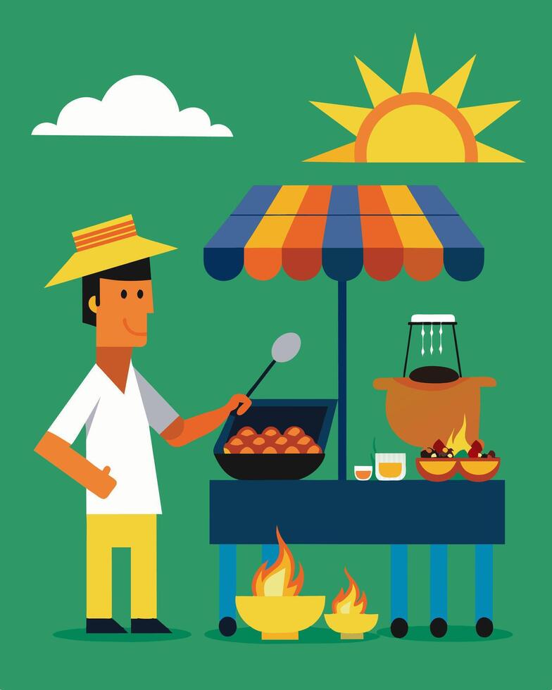 The savory scents of freshly grilled food waft through the air as vendors cook up their culinary delights using energy from the solar panels on their stalls.. illustration. vector