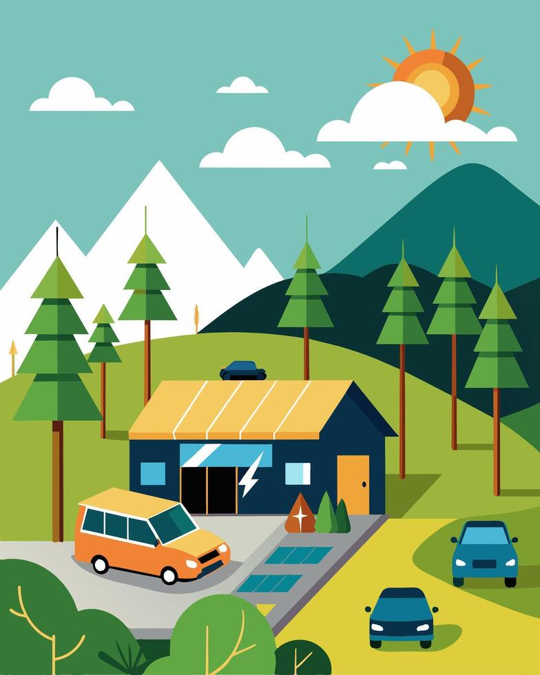 The parking lot of the nature reserves visitor center features a solarpowered charging point encouraging visitors to reduce their carbon footprint while exploring the reserve.. vector