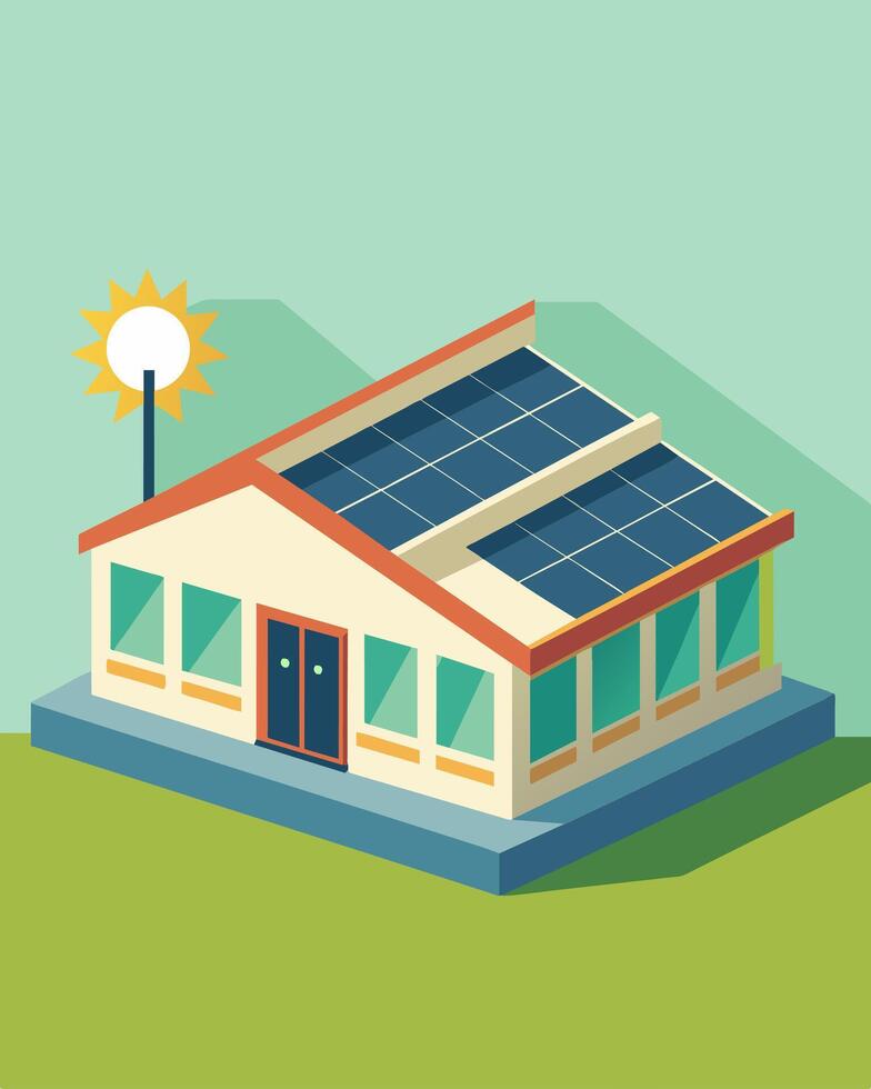 The slanted roof of a commercial property maximizes its solar potential with a series of sleek panels.. illustration. vector