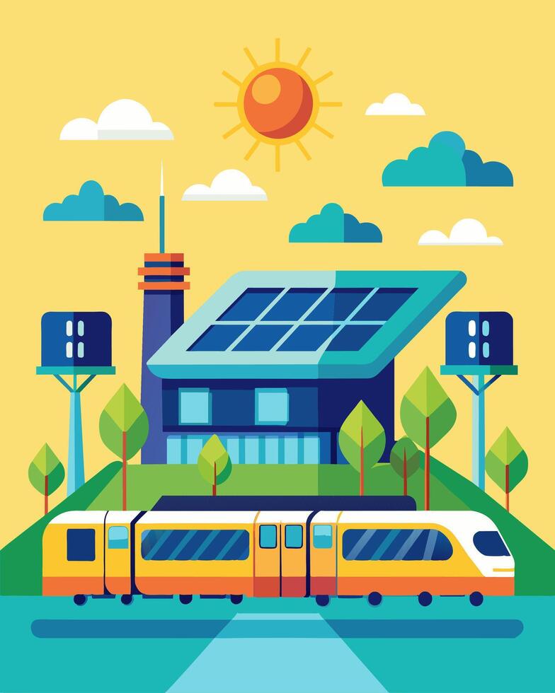 The bustling train station stood as a symbol of progress with its solar panels serving as a testament to the possibilities of renewable energy in the transportation sector.. vector