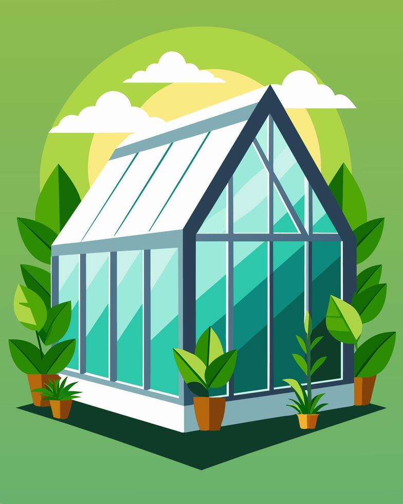 The crisp white exterior of a solarpowered greenhouse contrasts against the vibrant green plants inside all basking in the natural light provided by the sun.. illustration. vector