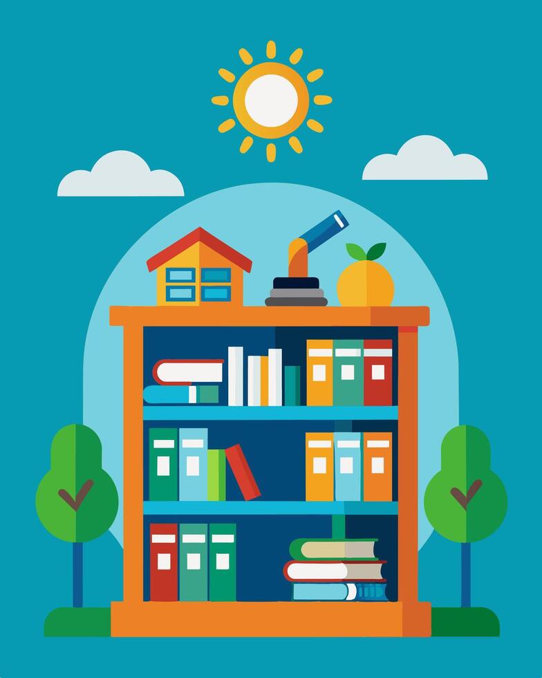 The schools library boasts a large collection of books and resources about solar energy and its benefits for the environment.. illustration. vector