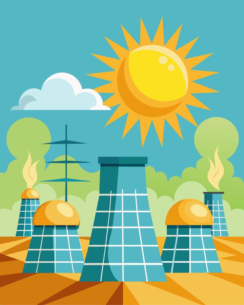 Sparkling in the sunlight the solar panels absorb energy to keep the cooling towers functioning even on the hottest days.. illustration. vector
