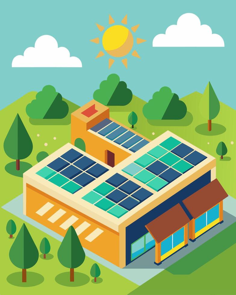 The shopping centers rooftop was a sight to behold covered in a mosaic of solar panels each one contributing to a greener future.. illustration. vector