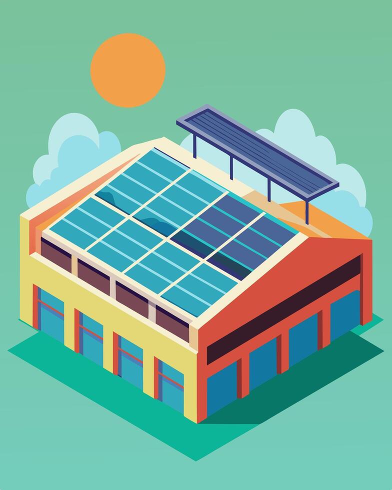 The rooftop of a shopping mall is covered in solar panels which provide energy to keep the entire building comfortably air conditioned.. illustration. vector