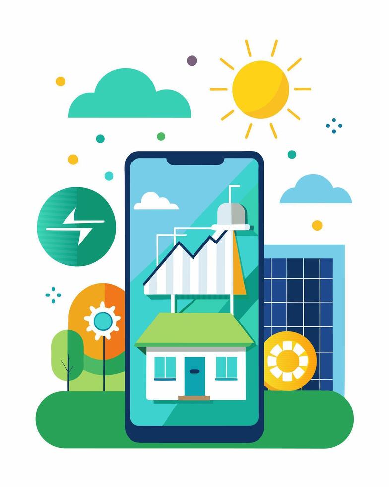 Through collaboration with local power companies the app provides realtime updates on solar energy rates and trends.. illustration. vector