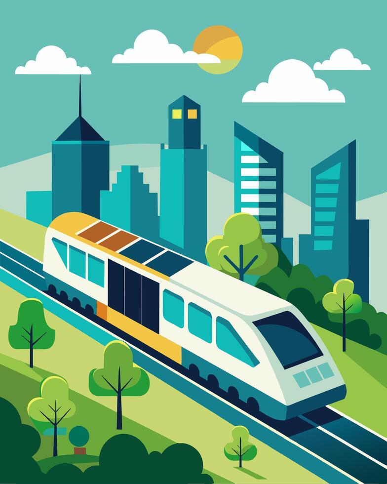 The citys new solar powered train silently glides through the streets reducing both noise pollution and carbon emissions.. illustration. vector