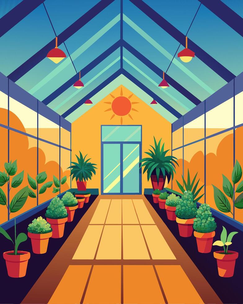 The warm glowing interior of a solarpowered greenhouse provides the perfect environment for nurturing a wide variety of plants and flowers.. illustration. vector
