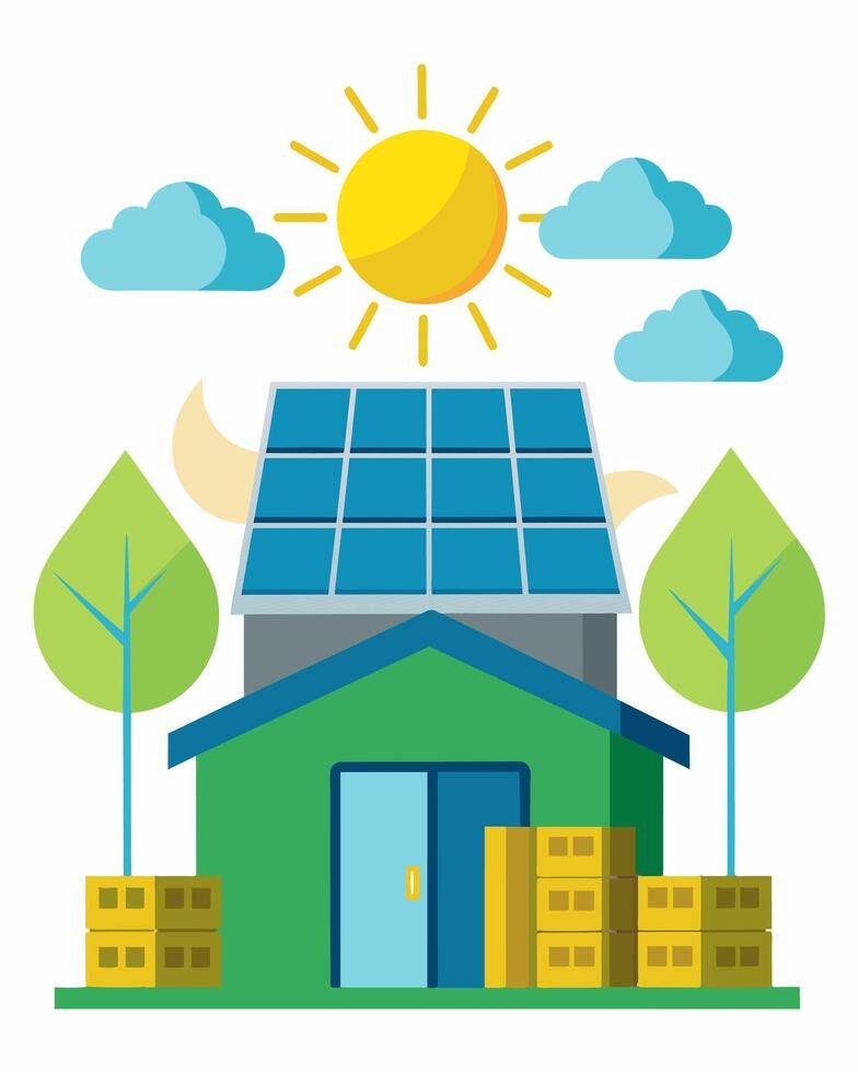 The warehouses solar power system not only saved money on electricity costs but also earned the company environmental accolades for its sustainable practices.. illustration. vector