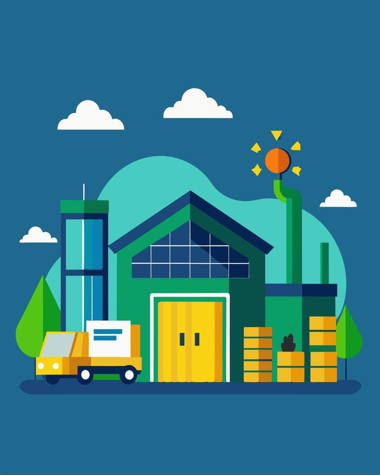 The warehouse was a marvel of ecofriendly design with its solarpowered lighting and machinery reducing its carbon footprint to almost zero.. illustration. vector