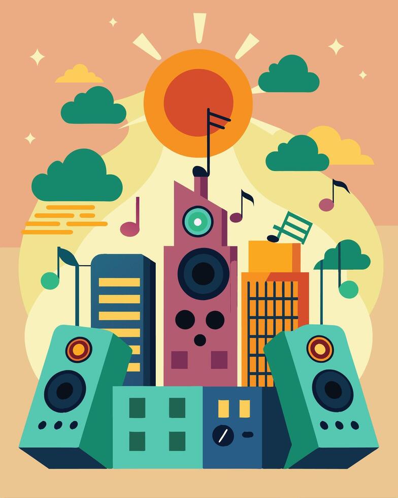 Soft melodies emanate from the rooftops of the city as solarpowered speakers and sound systems provide a soundtrack to the urban landscape.. illustration. vector