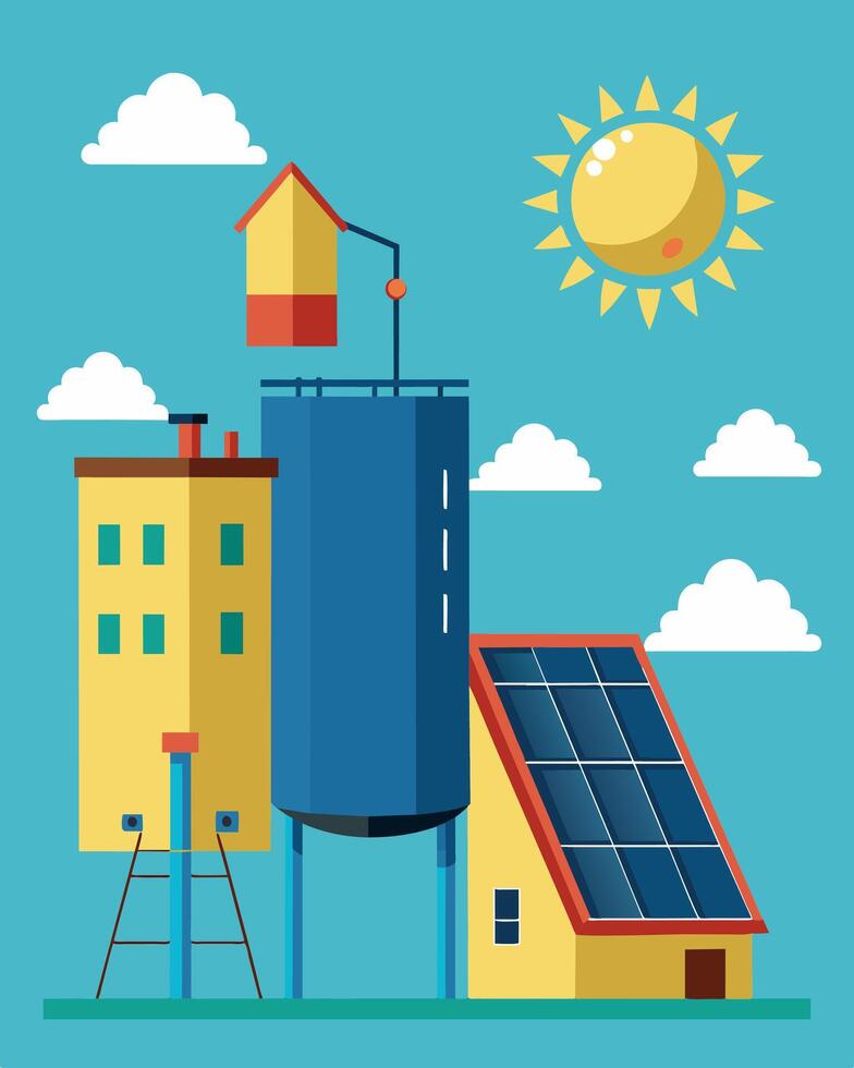 On a sunny day the solarpowered water heater on top of the apartment complex provides enough warm water for all its residents to take morning showers.. illustration. vector