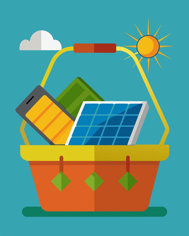 No need to disconnect from the world while enjoying a picnic this solarpowered basket will keep your devices charged and connected.. illustration. vector