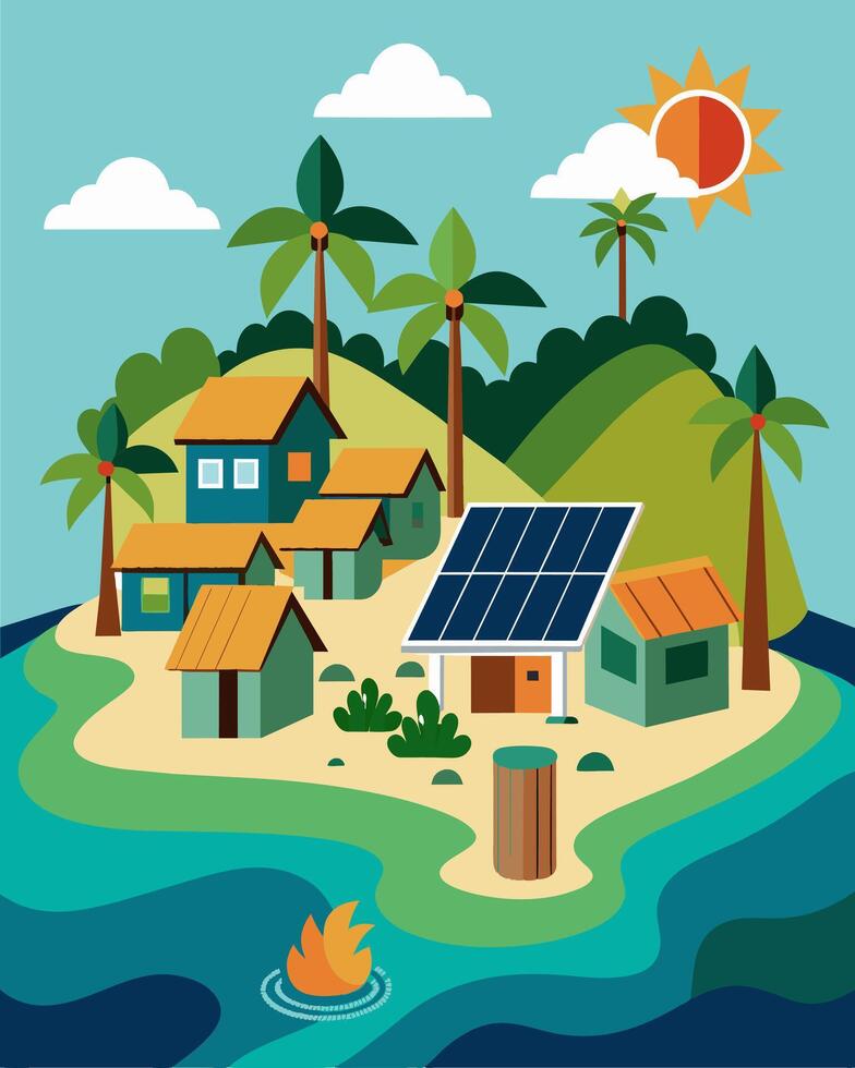 On a tropical island a sustainable community utilizes a combination of solar panels and a solar water heater to fully power their homes and daily lives.. illustration. vector