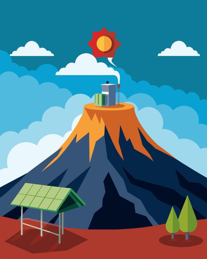 Perched on the edge of a volcanic crater a solarpowered research station conducted research on the seismic activity and impact on surrounding wildlife.. illustration. vector
