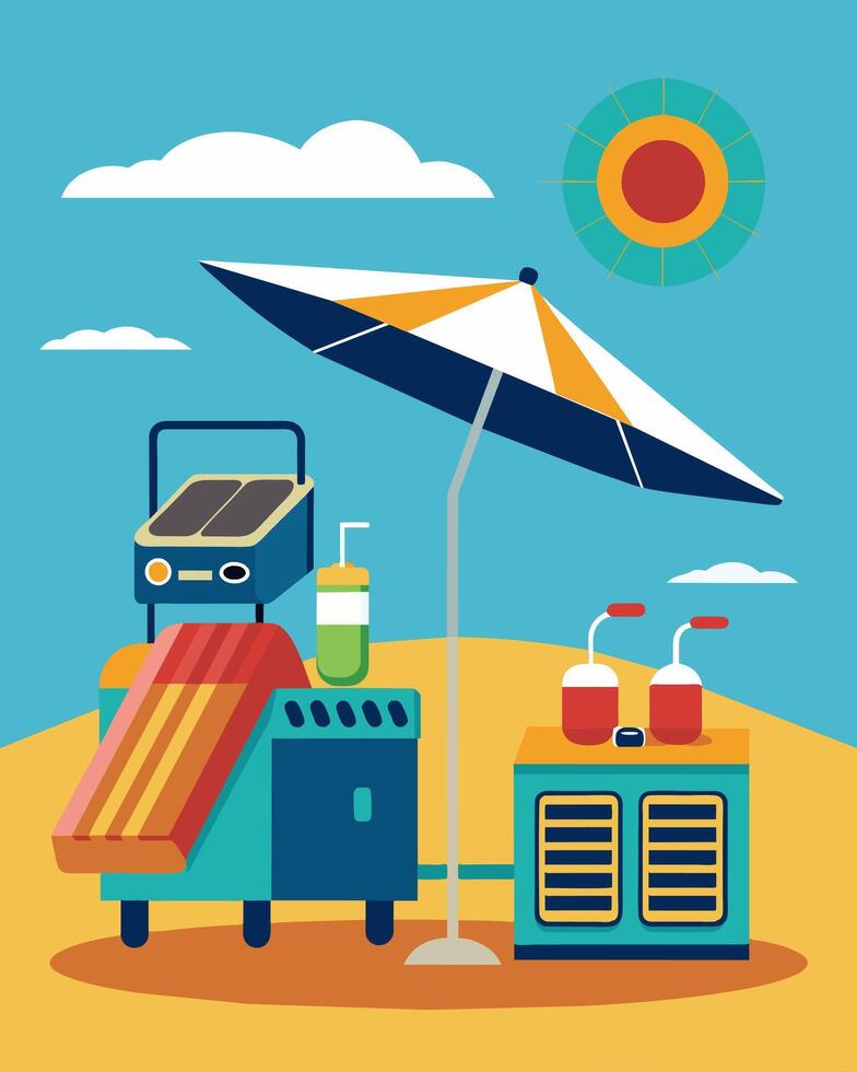 On a remote beach a group of vendors use solarpowered coolers to keep their drinks and snacks chilled for eager sunbathers. The panels also provide electricity for a small radio. vector