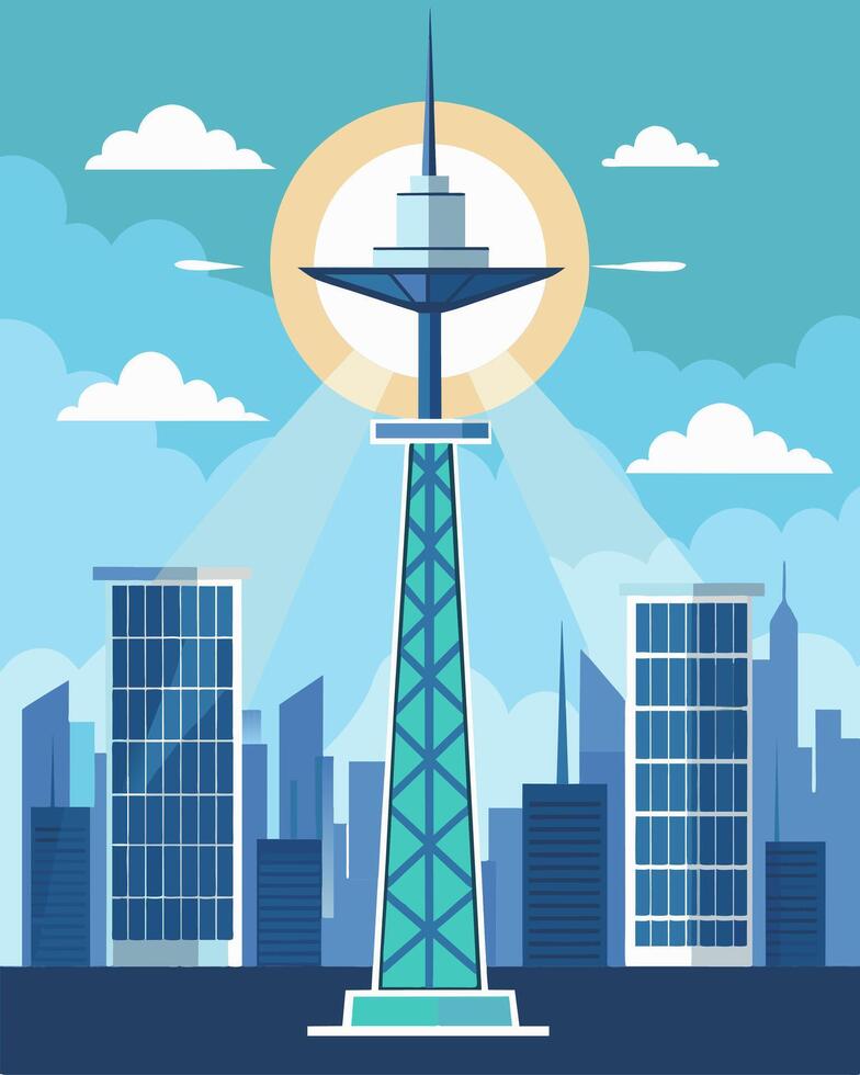Rising high above a bustling city a sleek solarpowered communication tower stands ast the skyscrapers serving as a beacon for modern connectivity.. illustration. vector