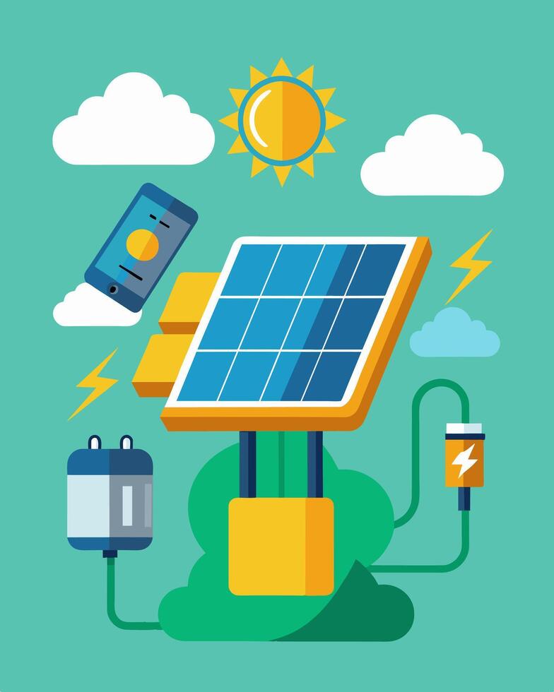 Solar panels make it possible to stay connected and capture all your outdoor memories without the worry of a dead battery.. illustration. vector