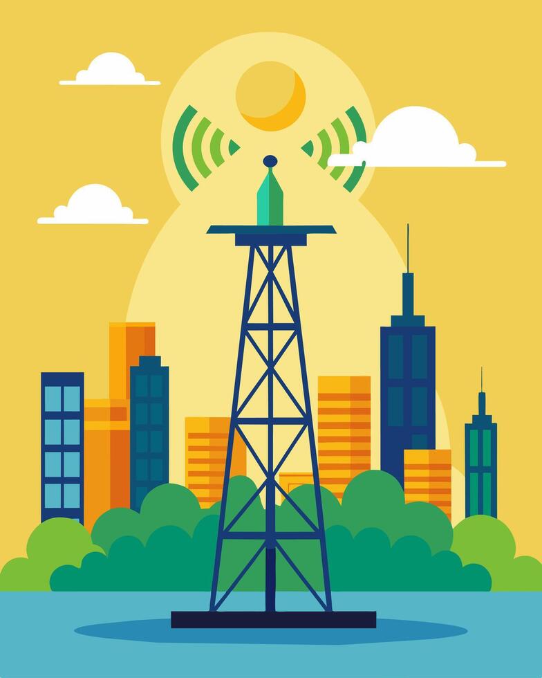 Positioned on the edge of a sprawling metropolis a solarpowered tower beams out signals connecting rural communities and bridging the urbanrural divide.. illustration. vector