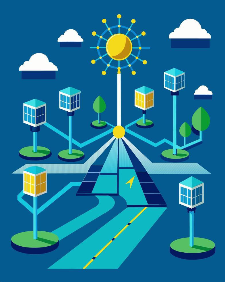 Miles of interconnected solar roadways creating a giant sustainable power grid.. illustration. vector
