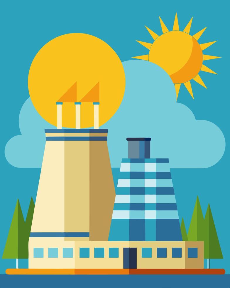 Powered by the suns rays the energyefficient cooling towers play a crucial role in the production processes of the factory.. illustration. vector