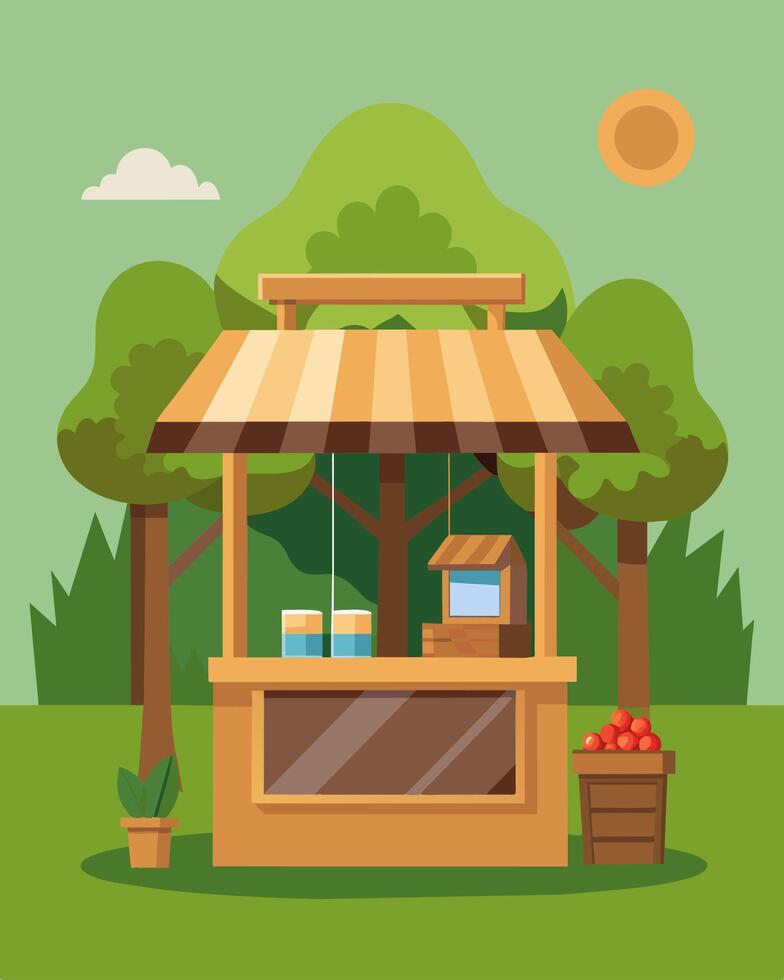 Nestled in a park a quaint wooden kiosk stands tall with its solar panels installed seamlessly on its roof offering ecofriendly treats to parkgoers.. illustration. vector