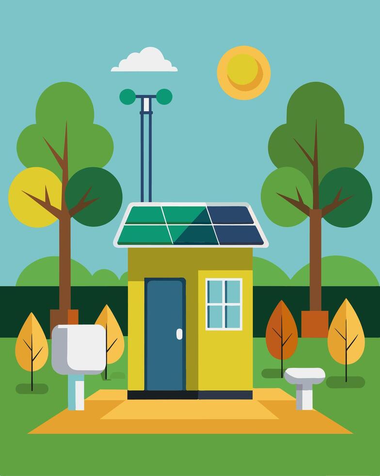 Located in a remote park this public restroom utilizes solar energy to provide lighting and power for flushing s and handwashing stations.. illustration. vector