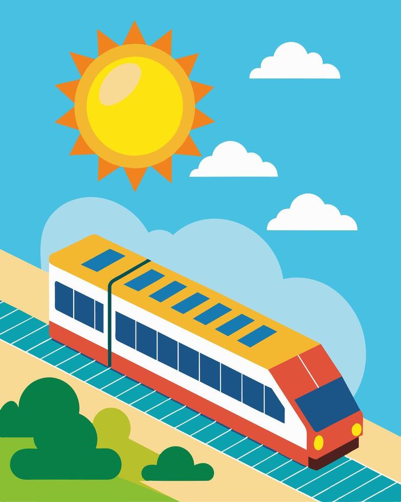 On a hot summer day the trains solar panels are working overtime to keep the air conditioning running and passengers comfortable.. illustration. vector