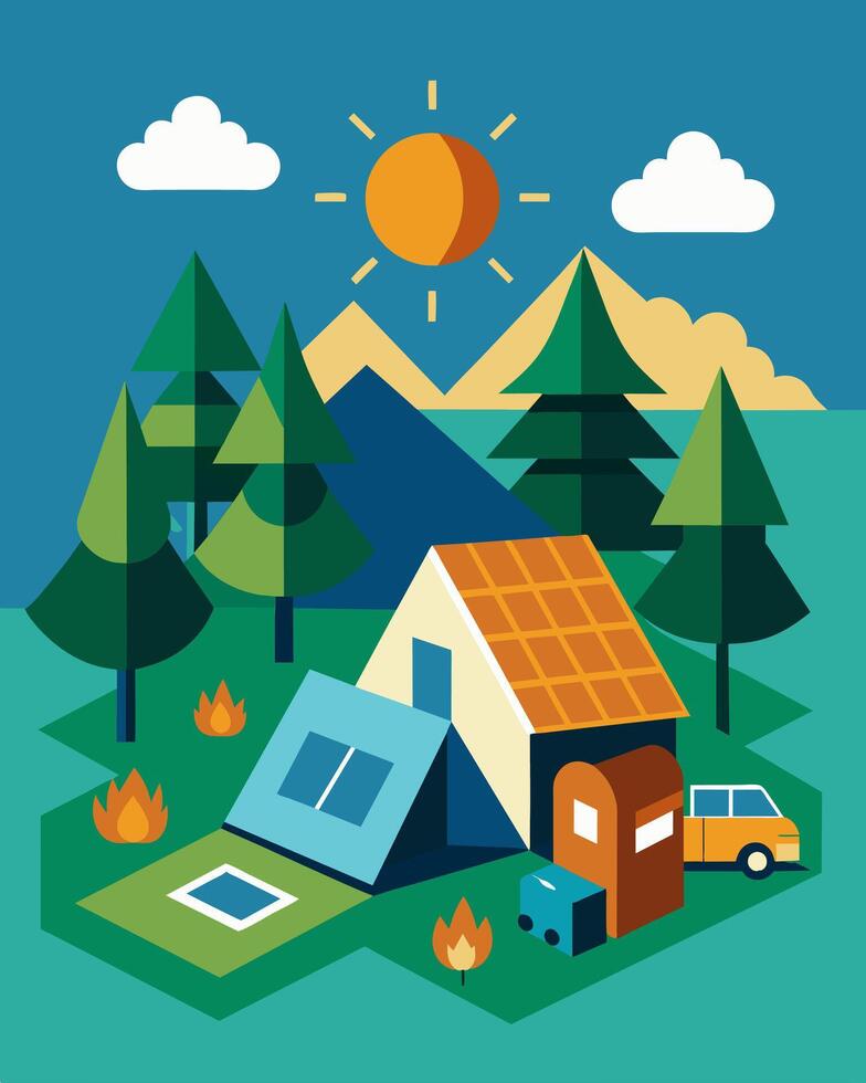 Set up camp in any remote location and rest assured that your devices wont run out of battery with solar charging.. illustration. vector