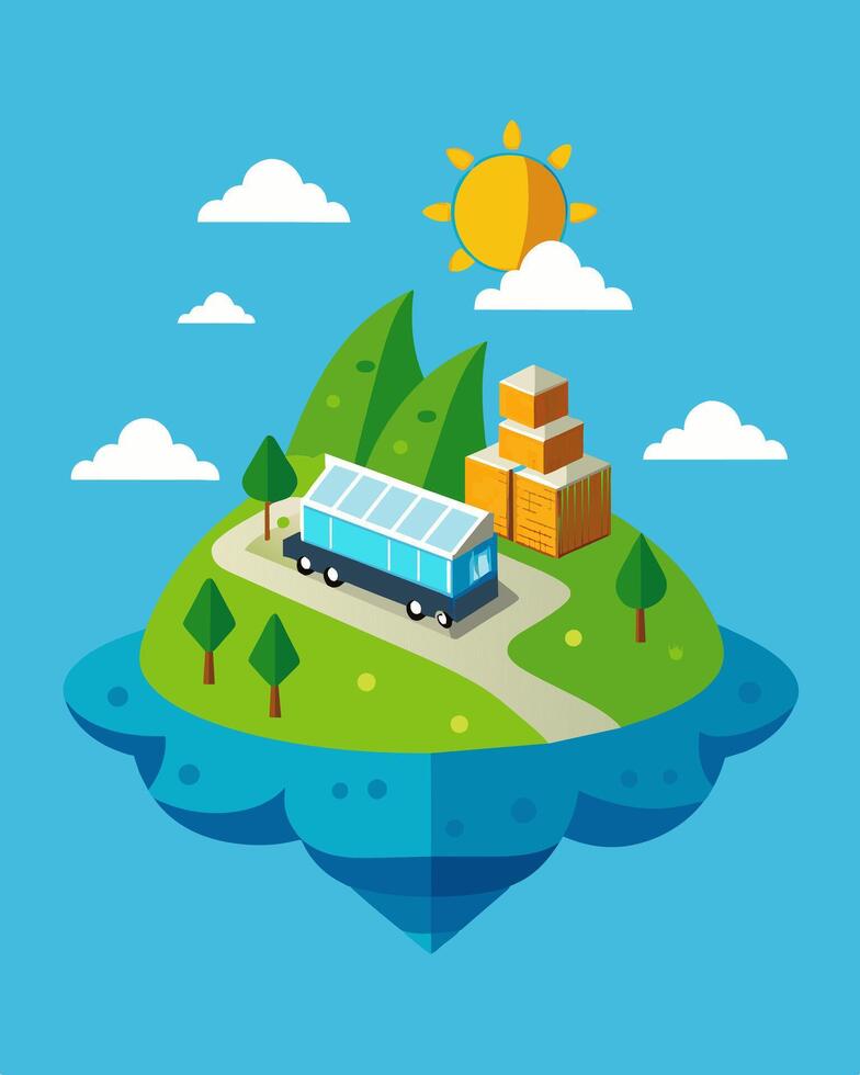 On a remote island the solarpowered cargo ship delivers its cargo leaving no trace of pollution or carbon emissions in its wake.. illustration. vector