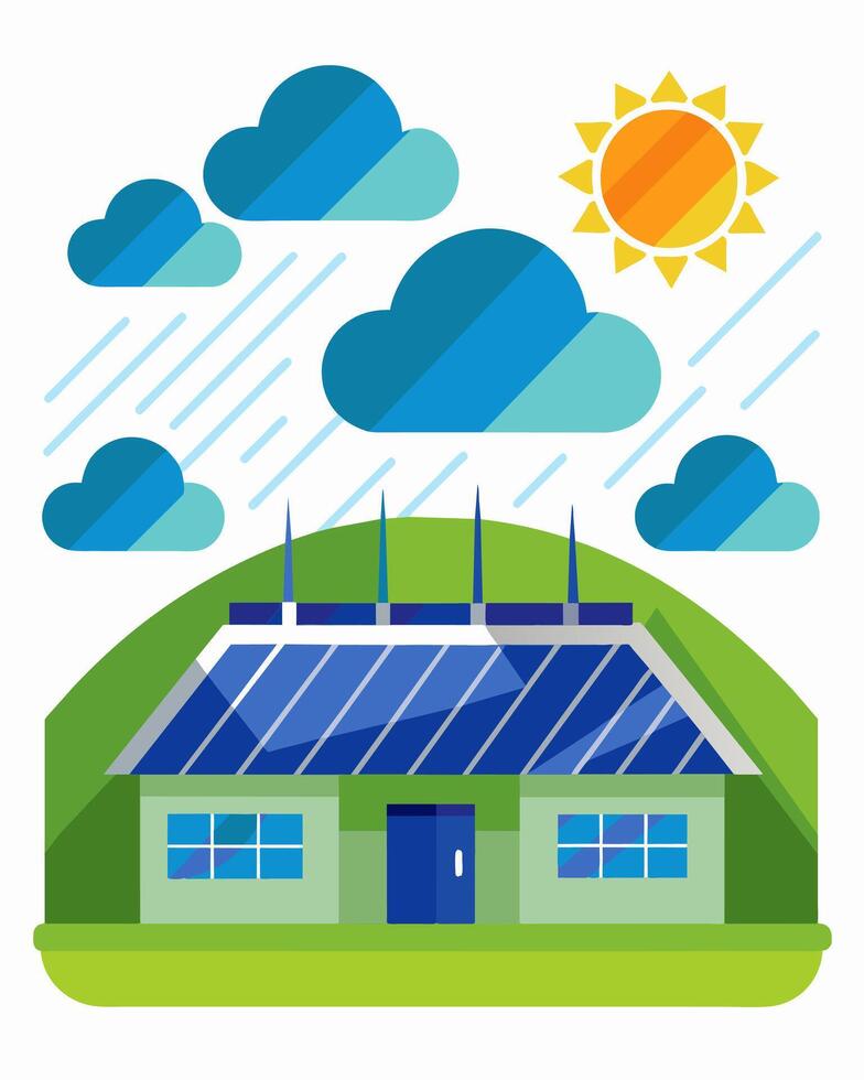 Rain or shine the stadium continues to operate sustainably thanks to the solar panels that can still generate power on cloudy days.. illustration. vector