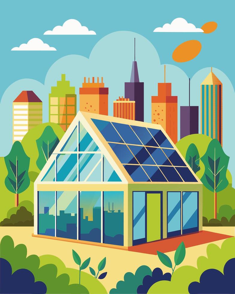 Nestled in the midst of a bustling urban neighborhood a solarpowered greenhouse brings a touch of nature to the concrete cityscape thanks to its innovative use of solar panels.. vector