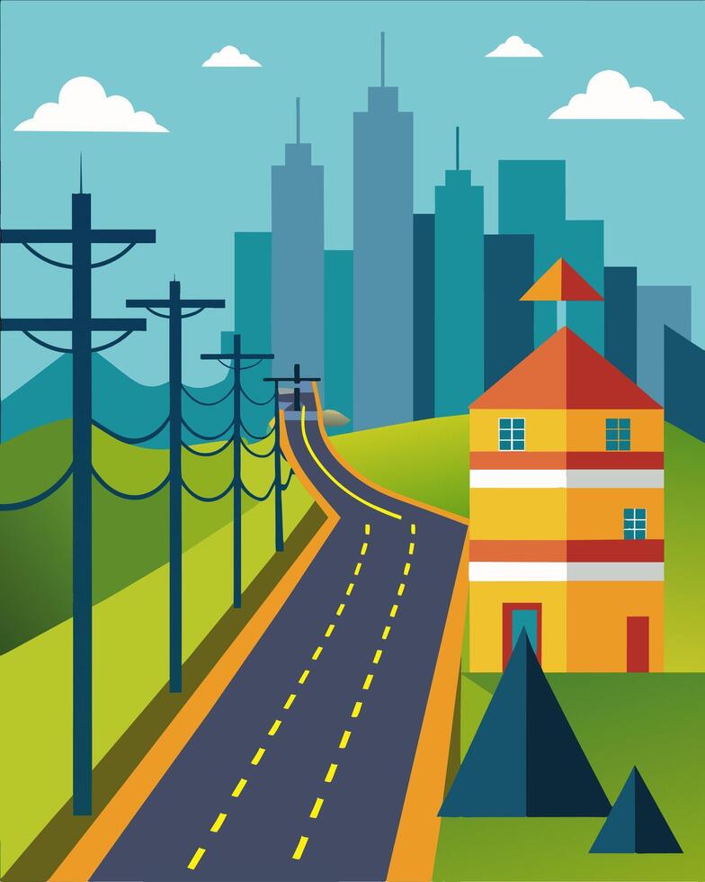 Roads that not only withstand heavy traffic but also generate electricity to power surrounding buildings.. illustration. vector
