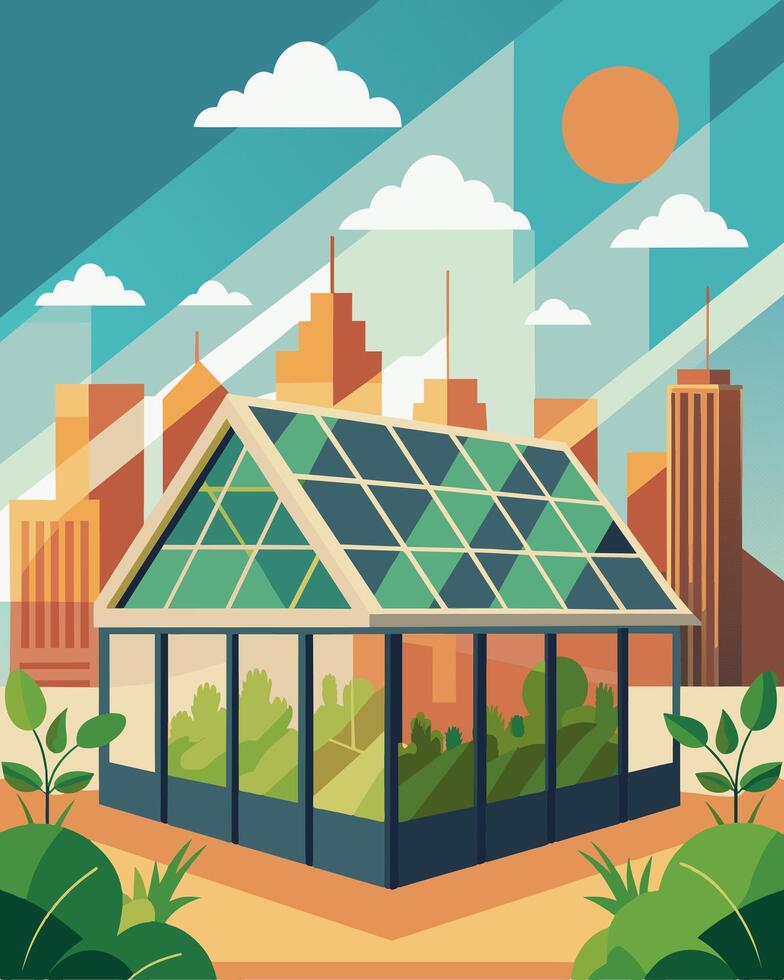 Located in the heart of a bustling city a rooftop greenhouse utilizes solar panels to create an environmentallyfriendly oasis amidst the concrete jungle.. illustration. vector