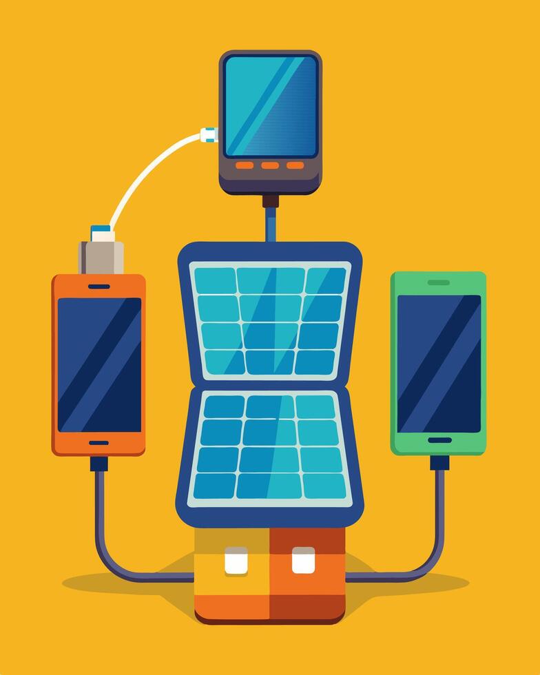 Never worry about your phone dying again with this portable solar charger that can charge multiple devices at once.. illustration. vector