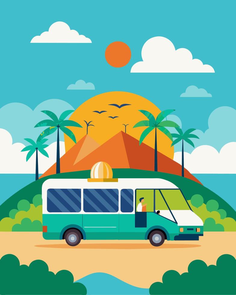 On a remote island tourists are transported to their beach resort in a solarpowered autonomous shuttle enjoying the novelty of a fully sustainable mode of transportation.. vector