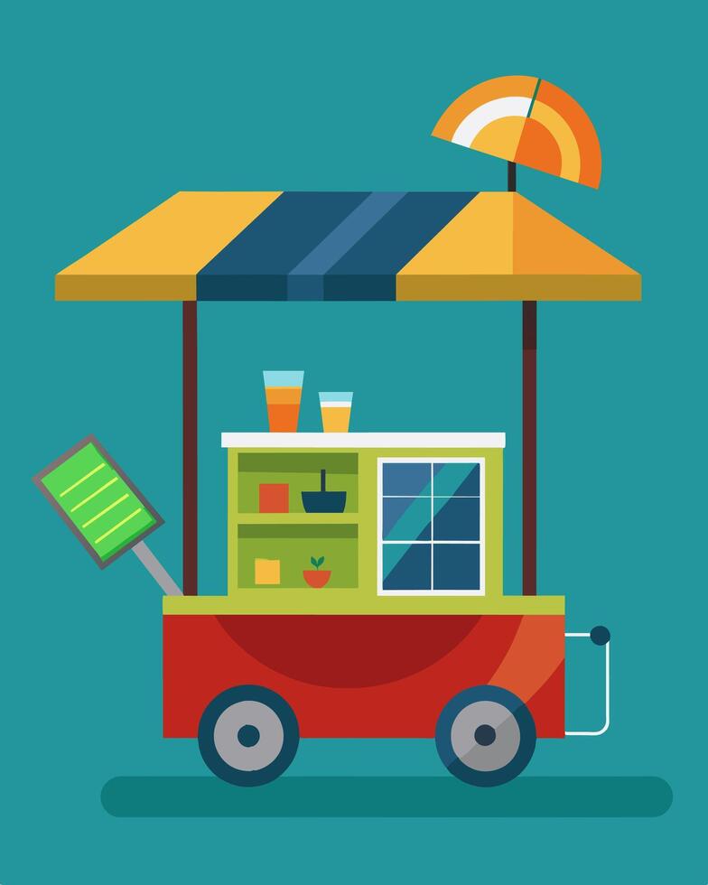 On a college campus a solarpowered snack cart rolls around providing students with quick and ecofriendly bites to eat. The solar panels also charge a small phone charging station. vector