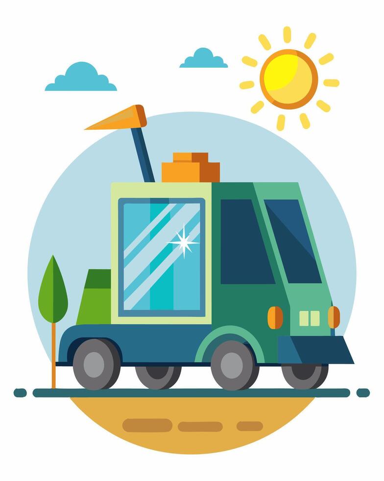 Powered solely by the suns energy the street sweeping machine quietly does its job leaving the streets clean and the air free of emissions.. illustration. vector